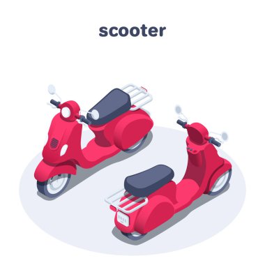 Beyaz arkaplanda izole edilmiş izometrik vektör çizimi, kırmızı motorlu scooter ön ve arka görünümü, dağıtım aracı