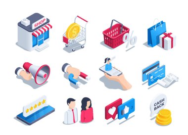 isometric vector illustration on a white background, a set of icons on the theme of shopping and marketing, a store with a basket and a trolley for groceries