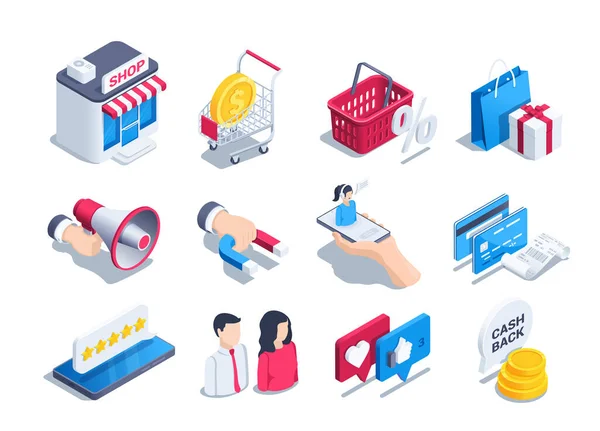 Isometric Vector Illustration White Background Set Icons Theme Shopping Marketing — Archivo Imágenes Vectoriales