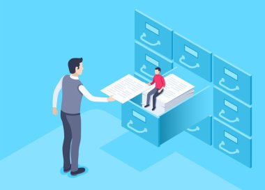 Mavi arkaplandaki izometrik vektör illüstrasyonunda, bir adam bir belge yığınının üzerinde oturan bir diğerinin elinden bir belge alır, arşiv, arama veya depolama