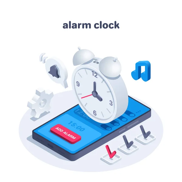Isometric Vector Illustration Isolated White Background Alarm Clock Smartphone Screen — Image vectorielle