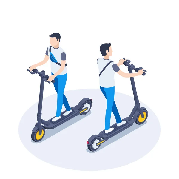 Isometric Vector Illustration White Background Man Electric Scooter Front Back — Stockvektor