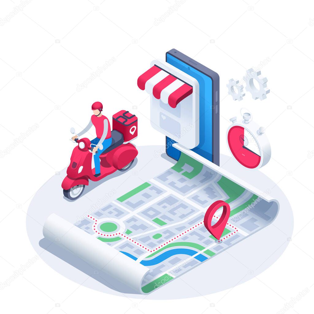 isometric vector illustration on a white background, a man on a red scooter from a delivery service near a map with a route and a location sign and a smartphone, delivering orders in the city