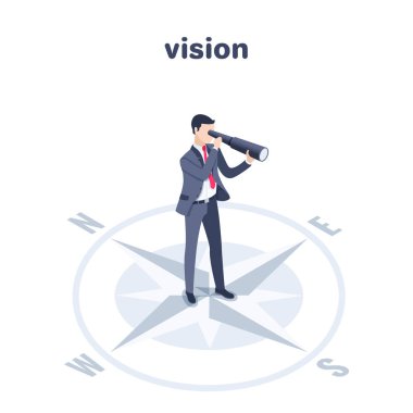 Beyaz arka planda izometrik vektör çizimi, takım elbiseli bir adam pusula işaretleri üzerinde dururken dürbünden bakar, iş vizyonu