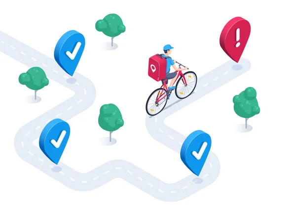 Isometric Vector Illustration White Background Man Delivery Service Bicycle Rides — Διανυσματικό Αρχείο
