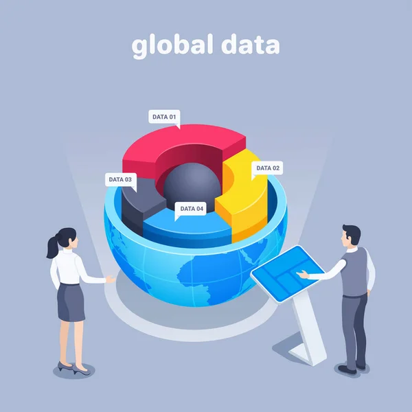 Ilustração Vetorial Isométrica Fundo Cinza Gráfico Círculo Metade Globo Pessoas — Vetor de Stock