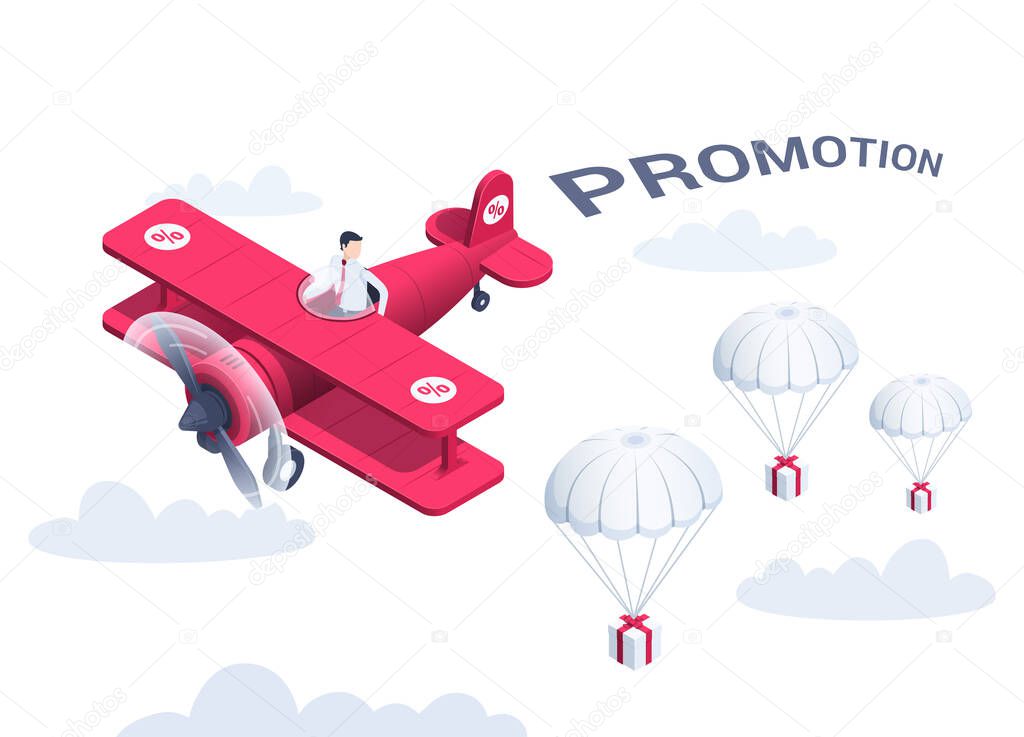 isometric vector illustration on a white background, a man in business clothes flies in a red plane and drops gifts on parachutes, promotion or customer attraction