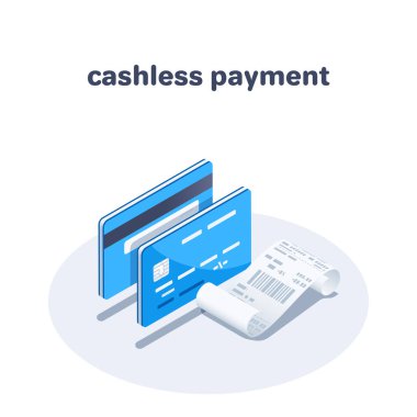 İzometrik vektör çizimi beyaz arkaplanda izole edilmiş, nakit ödeme, ön ve arka görünüm kredi kartı ve ödeme makbuzu