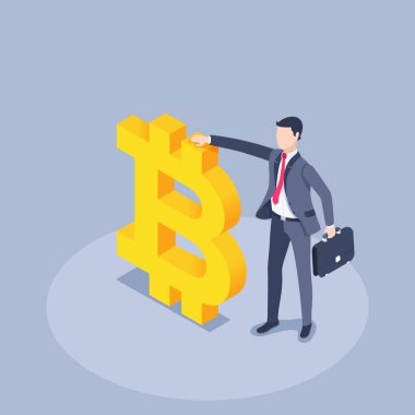Gri arkaplandaki izometrik vektör çizimi, evrak çantalı bir iş adamı bitcoin ikonu, kripto para ve finans biriminin yanında duruyor.