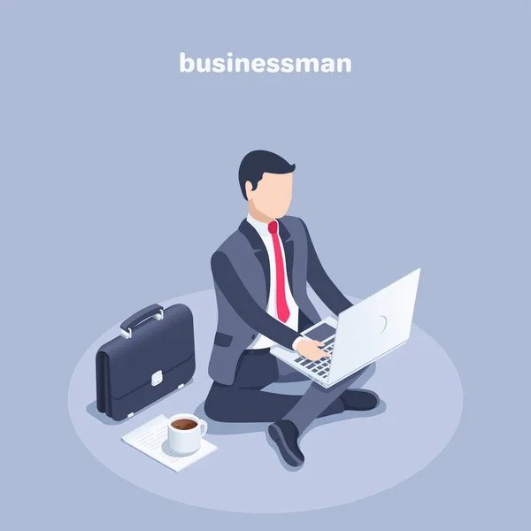 Isometric Vector Illustration Gray Background Businessman Suit Sits Floor Laptop — 스톡 벡터