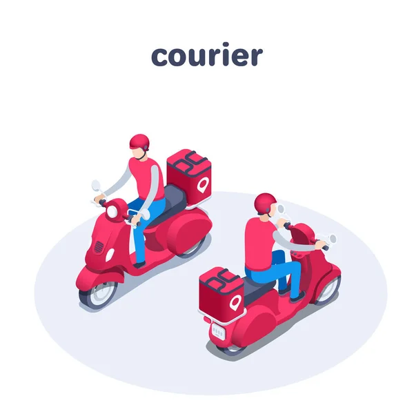 Isometric Vector Illustration Isolated White Background Courier Red Motor Scooter — Vetor de Stock