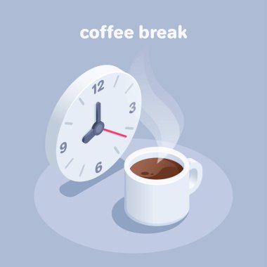 isometric vector illustration on gray background, clock and cup of hot coffee with smoke, coffee break