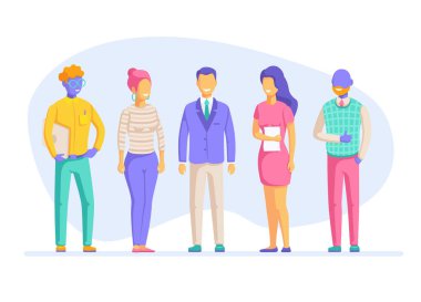 flat vector illustration isolated on white background, happy business people standing next to each other, cartoon characters or office team