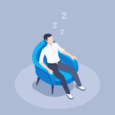 isometric vector illustration on a gray background, a man in business clothes sleeps sitting in a chair, tired after a working day