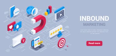 isometric vector illustration on a gray background, landing page of inbound marketing, magnet icon with text bubbles and smartphone, as well as smartphone and laptop with magnifying glass