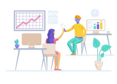 flat vector illustration isolated on white background, a man gives high five to his colleague at work in the office, achieving success in business