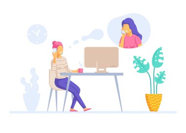 flat vector illustration isolated on white background, a woman is sitting at her desk and talking on the phone with her friend, talking to a client or colleague