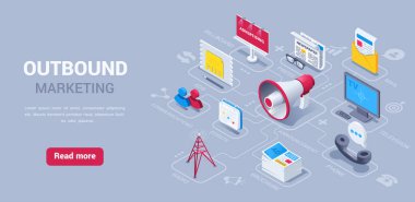 isometric vector illustration on black background, outbound marketing landing page, loudspeaker icon next to tv and billboard as well as telephone receiver and newspaper