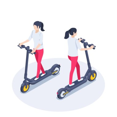 isometric vector illustration on a white background, a woman on an electric scooter front and back view, a vehicle for fun and everyday driving or time rent