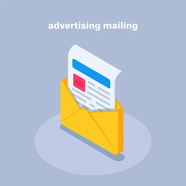 Isometric Vector Illustration Gray Background Advertising Mailing Yellow Envelope Sheet — Vetor de Stock