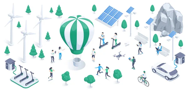 Isometric Vector Illustration White Background Wind Turbines Solar Panels Alternative — 스톡 벡터