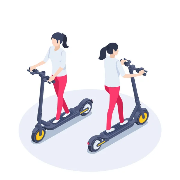 Isometric Vector Illustration White Background Woman Electric Scooter Front Back — Stockvektor