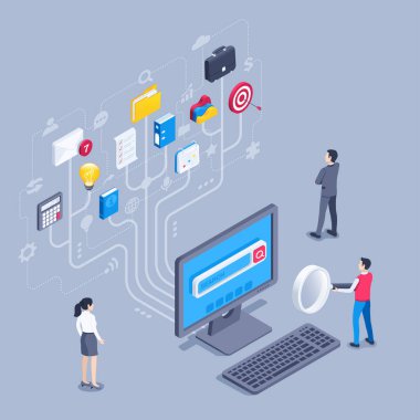 isometric vector illustration on a gray background, people in business clothes near a computer from which a tree comes out with icons, data search and processing, public data