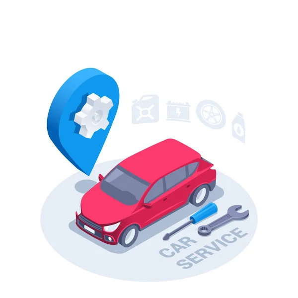 Isometric Vector Illustration White Background Red Passenger Car Blue Location — Vetor de Stock