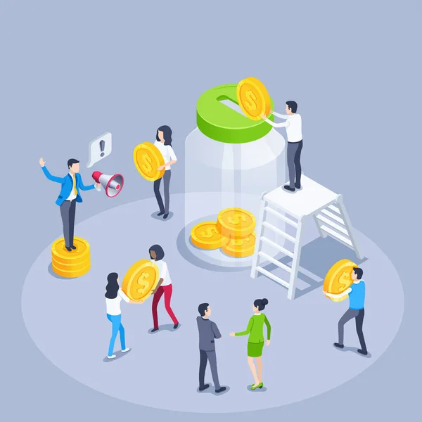 Isometric Vector Illustration Gray Background People Carry Gold Coins Jar — Wektor stockowy