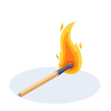isometric vector illustration on a white background, a burning match lies on the ground, a fire hazard situation, precautions in handling fire