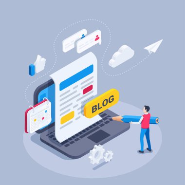isometric vector illustration on a gray background, a man with a pencil stands near a laptop with typed text and a blog button, like and text message icons, blogging on the internet