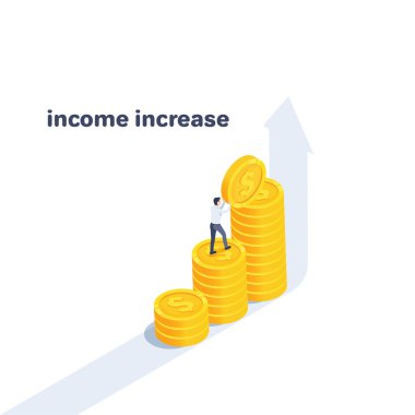 isometric vector illustration on a white background, a man in business clothes raises a gold coin on a chart of coins and an arrow going up, income increase