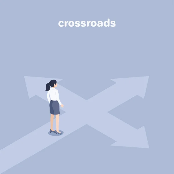 Isometric Vector Illustration Gray Background Woman Business Clothes Stands Crossroads —  Vetores de Stock