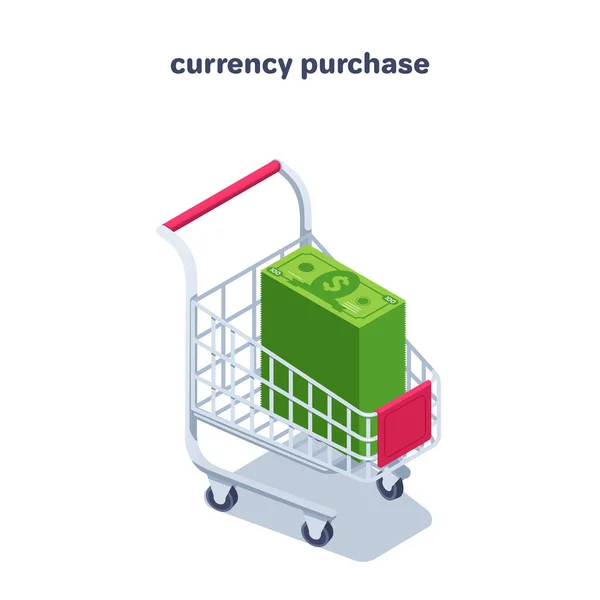 Isometric Vector Illustration Isolated White Background Shopping Cart Dollar Bills — Image vectorielle