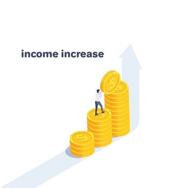 Ізометрична Векторна Ілюстрація Білому Тлі Чоловік Діловому Одязі Піднімає Золоту — стоковий вектор