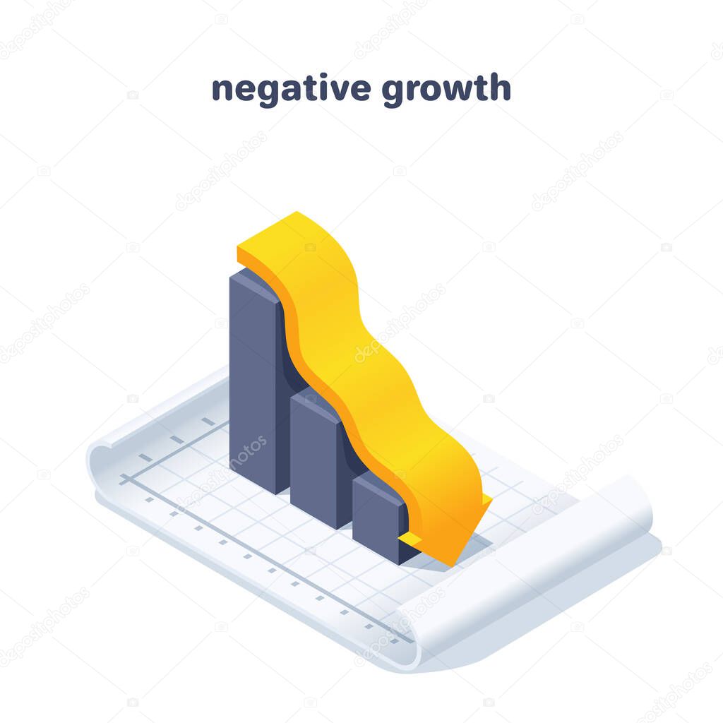 isometric vector illustration on white background, negative growth, falling chart with yellow arrow on a sheet of paper, financial crisis or business problems
