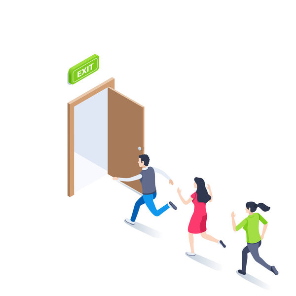 isometric vector illustration on a white background, an exit sign over an open door and people running there, evacuation or leaving the premises