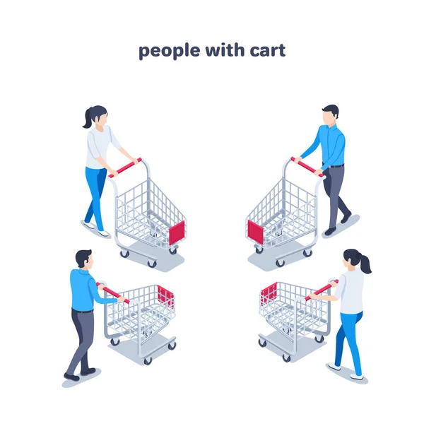 Isometric Vector Illustration Isolated White Background Man Woman Shopping Cart — Stock Vector