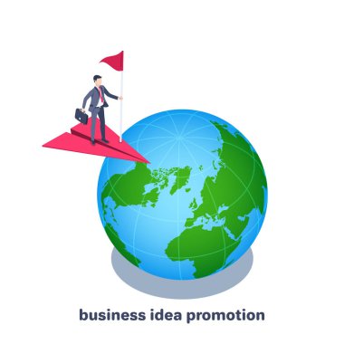 Beyaz arka planda izometrik vektör çizimi, dünya üzerinde kağıt bir uçakta bayrak sallayan takım elbiseli bir adam, iş fikri tanıtımı.