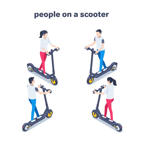 Isometrische Vector Illustratie Een Witte Achtergrond Mensen Een Elektrische Scooter — Stockvector