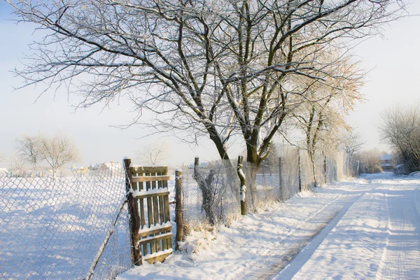 Wooden fence near snowy road — Stock Photo, Image