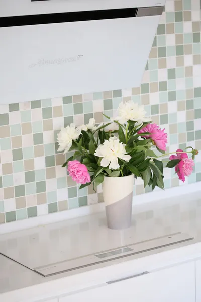 La moderna cocina blanca en estilo de alta tecnología con encimeras blancas, encimera de cocina y una capucha blanca. fragmento de interior Imagen De Stock