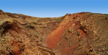 Panoramic-Shot-of-big-volcanic-crater-in-Timanfaya-National-Park