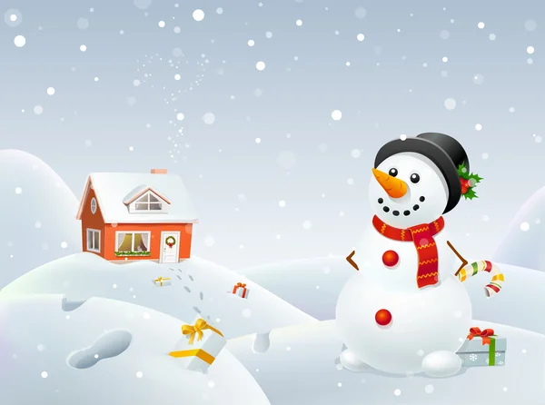 Natal boneco de neve ajuda Papai Noel . — Vetor de Stock