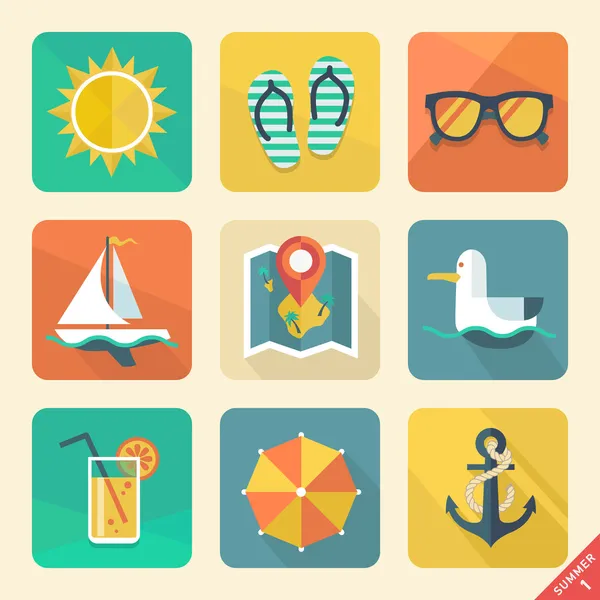 Iconos de verano. Tendencia de diseño plano. Color retro. Ilustración del vector — Vector de stock