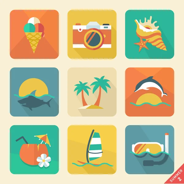 Conjunto de icono de verano 2. Tendencia de diseño plano. Color retro . Gráficos vectoriales