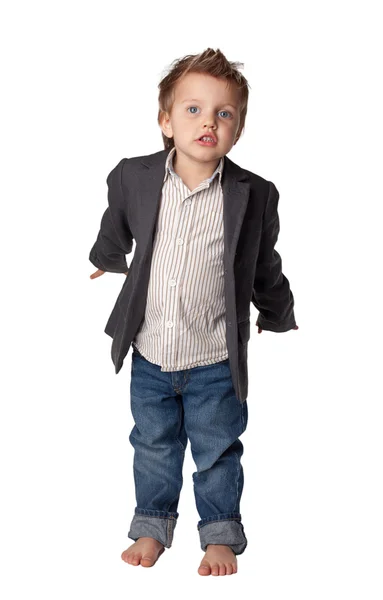 Retrato de un niño con traje. Aislado sobre fondo blanco . —  Fotos de Stock