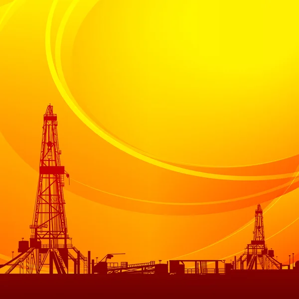 Oil rig silhouettes and orange sky — Stock Vector