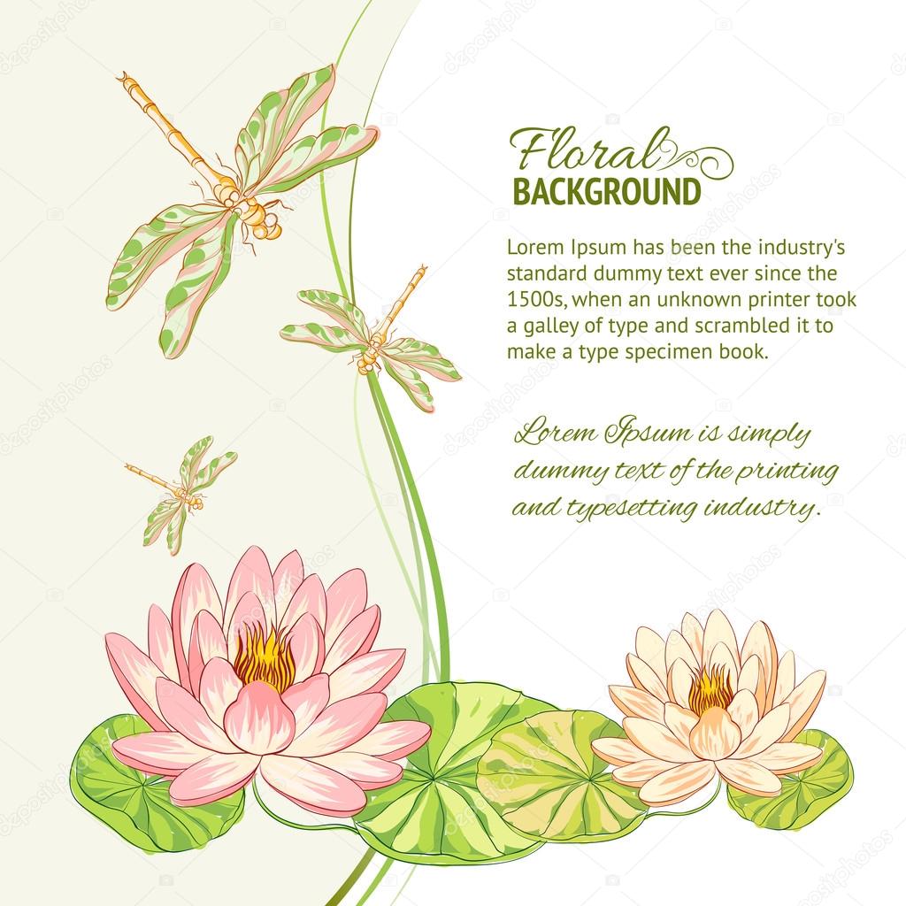 Watercolor label of lotus and dragonfly.