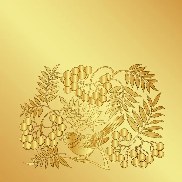 Wild ash branch isolated on a gold background. — Stock Vector